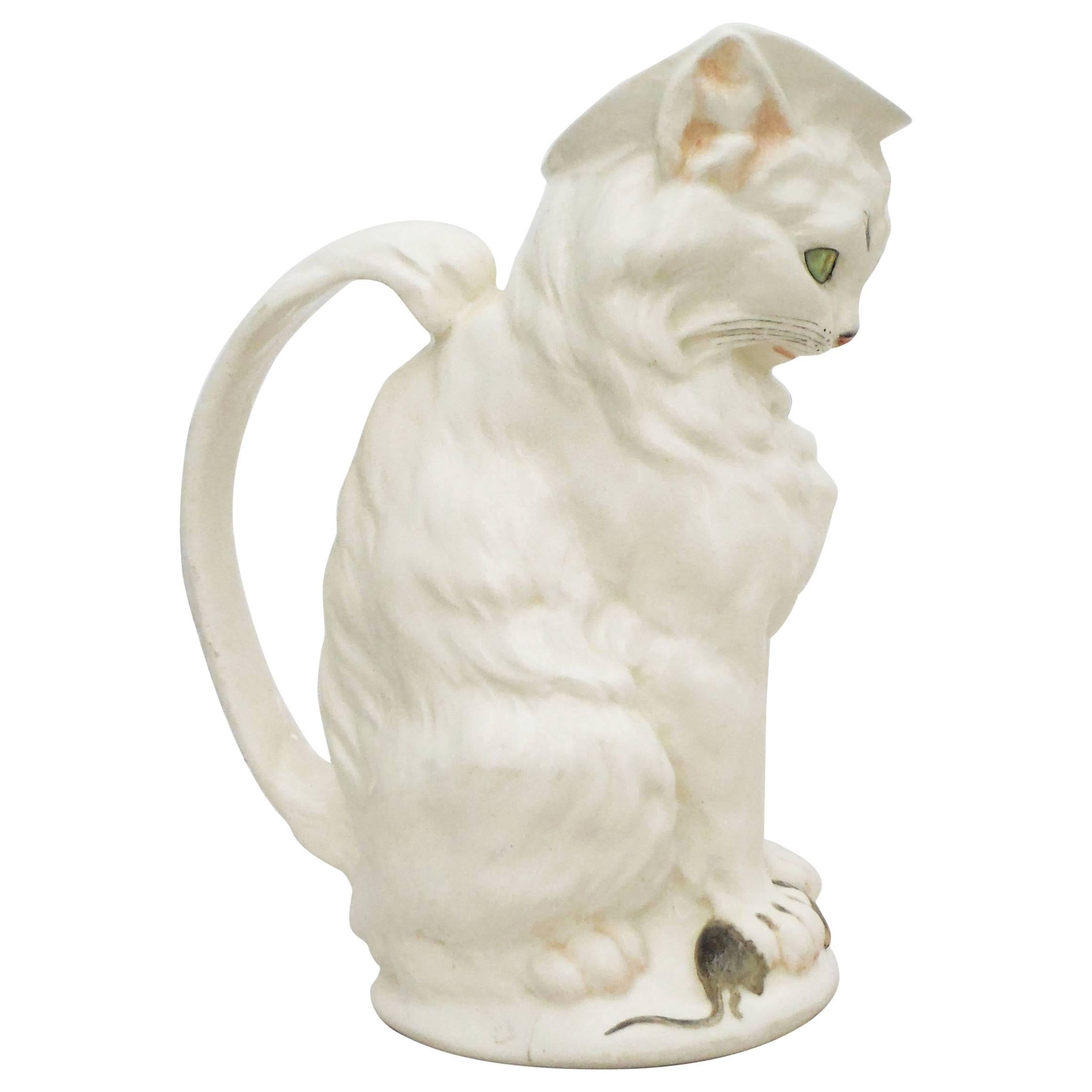 19th Century Majolica White Cat with Mouse Pitcher Minton