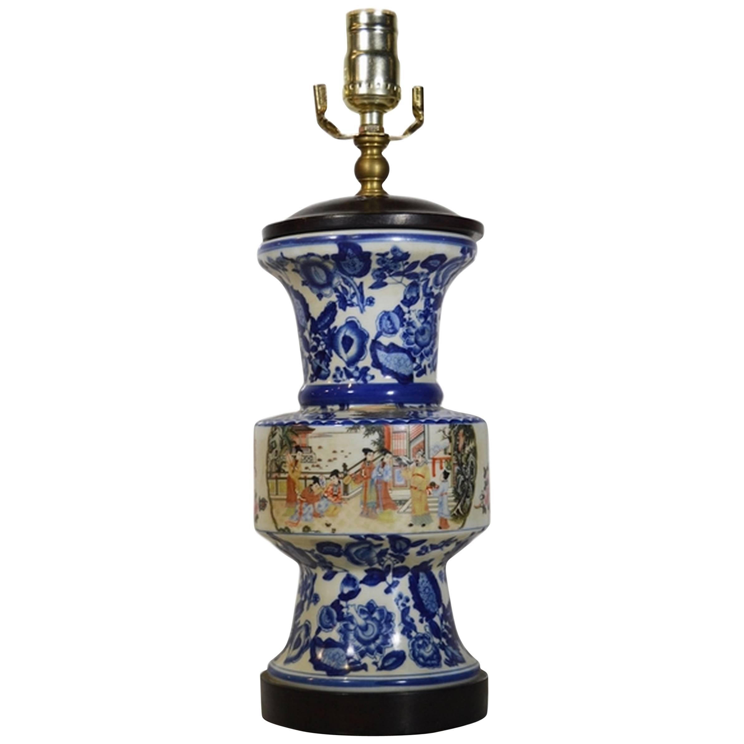 Vintage Chinese Hand-Painted Porcelain Lamp with Characters from the 1970s