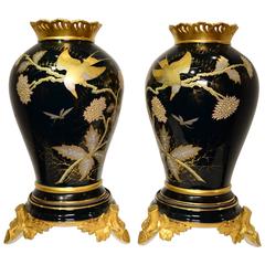 Pair of French Green Porcelain Aesthetic Vases with Birds and Flower Decorations