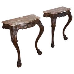 Pair of 19th Century Carved Regence Marble-Top Consoles Sculpted in Mons, France