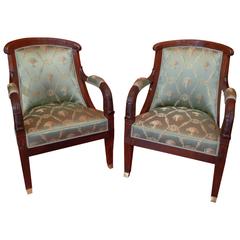 French Large Pair of Early-19th Century Empire Period Mahogany Armchairs