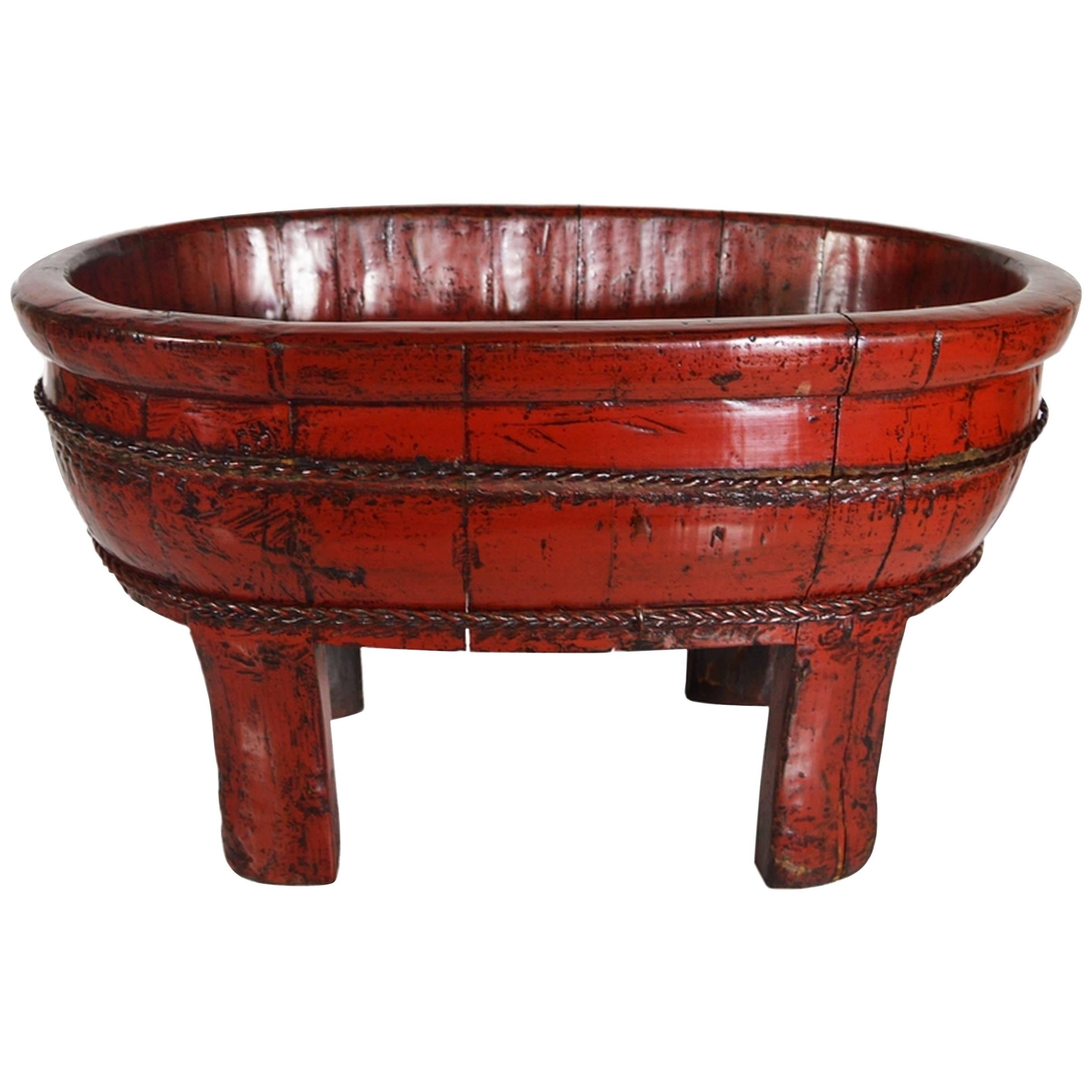 Antique Chinese 19th Century Red Lacquered Wood Bowl with Legs and Cords