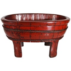 Antique Chinese 19th Century Red Lacquered Wood Bowl with Legs and Cords