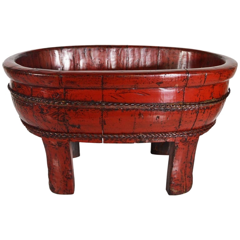Antique Chinese 19th Century Red Lacquered Wood Bowl with Legs and