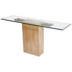 Travertine and Brass Console with Bevelled Glass Top