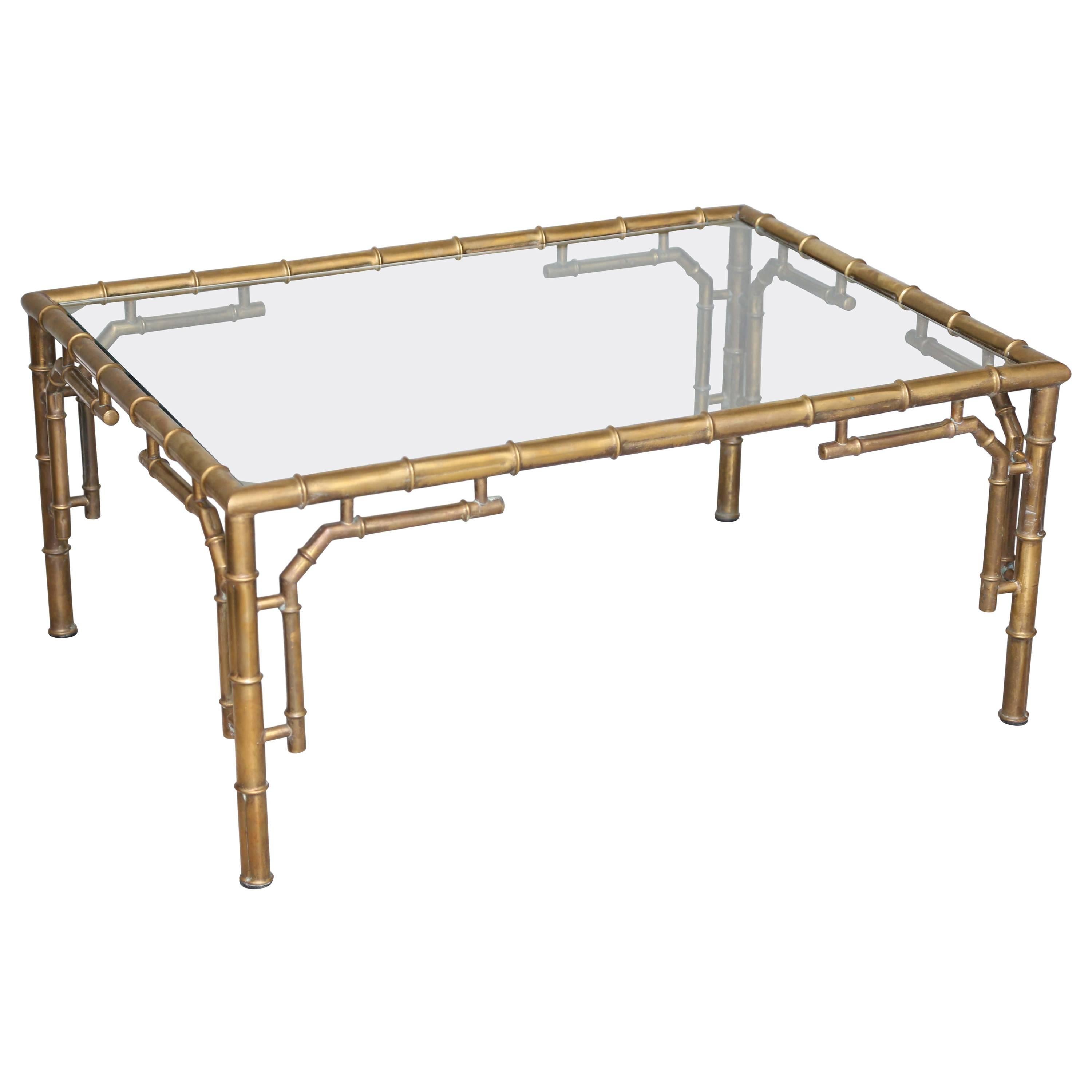 Rectangular Brass Faux Bamboo Table with Glass Top For Sale