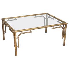 Rectangular Brass Faux Bamboo Table with Glass Top