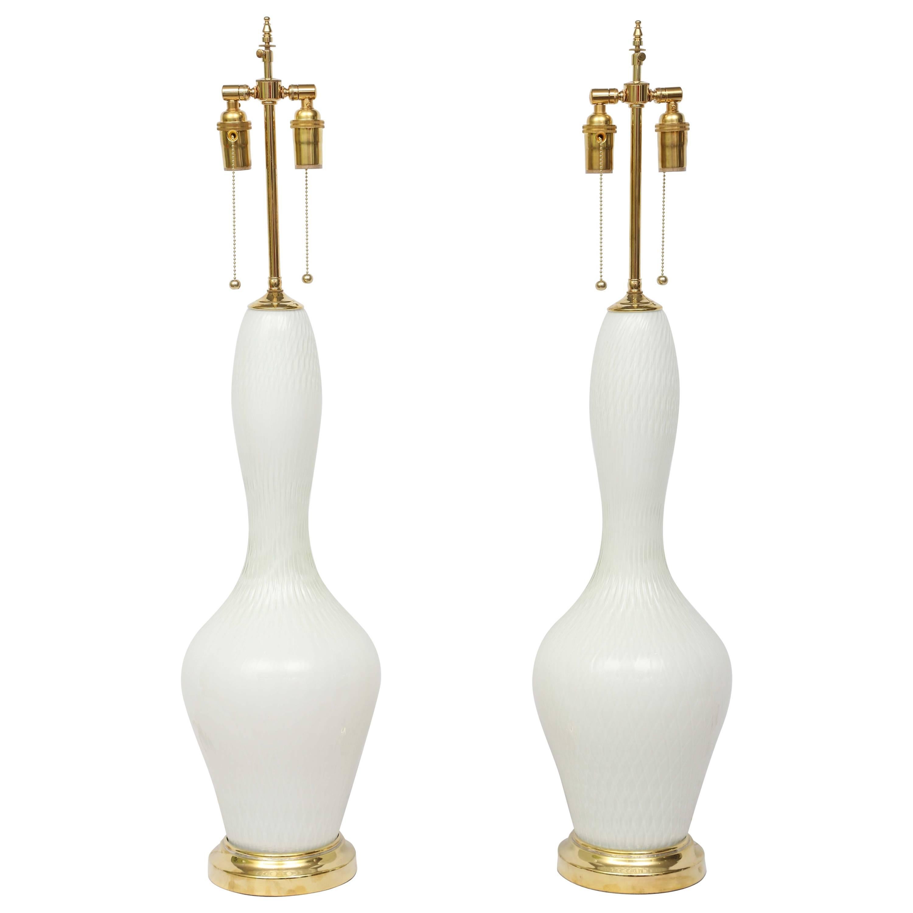 Pair of Vintage White Murano Table Lamps For Sale