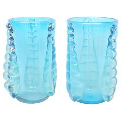 Pair of Large Sky Blue Murano Glass Vases