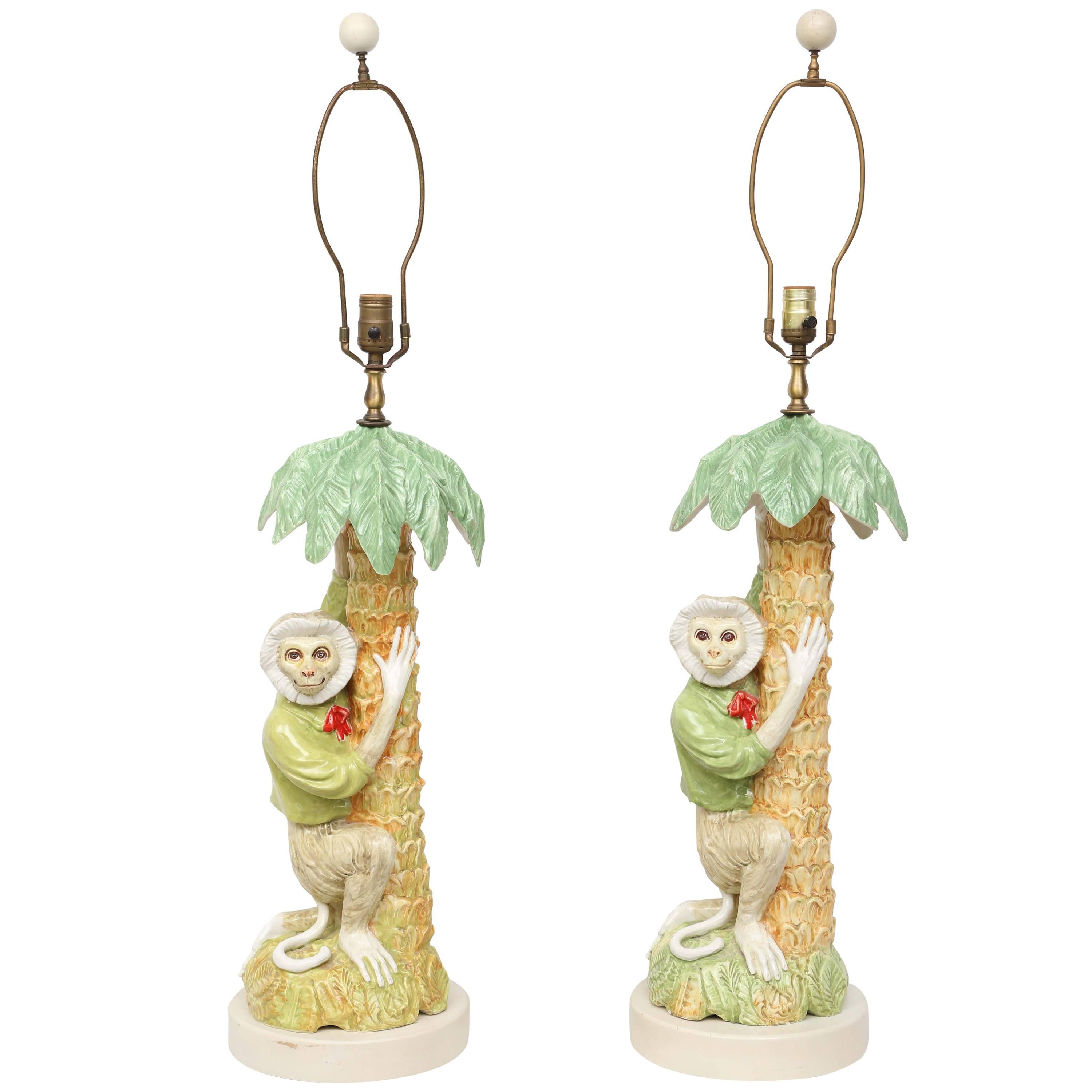 Pair of Majolica Monkey Table Lamps