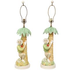 Retro Pair of Majolica Monkey Table Lamps