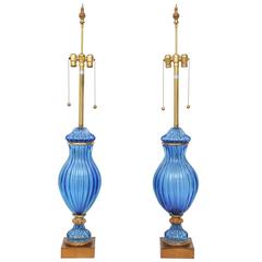 Pair of Vintage Cobalt Blue Marbro Murano Glass Lamps