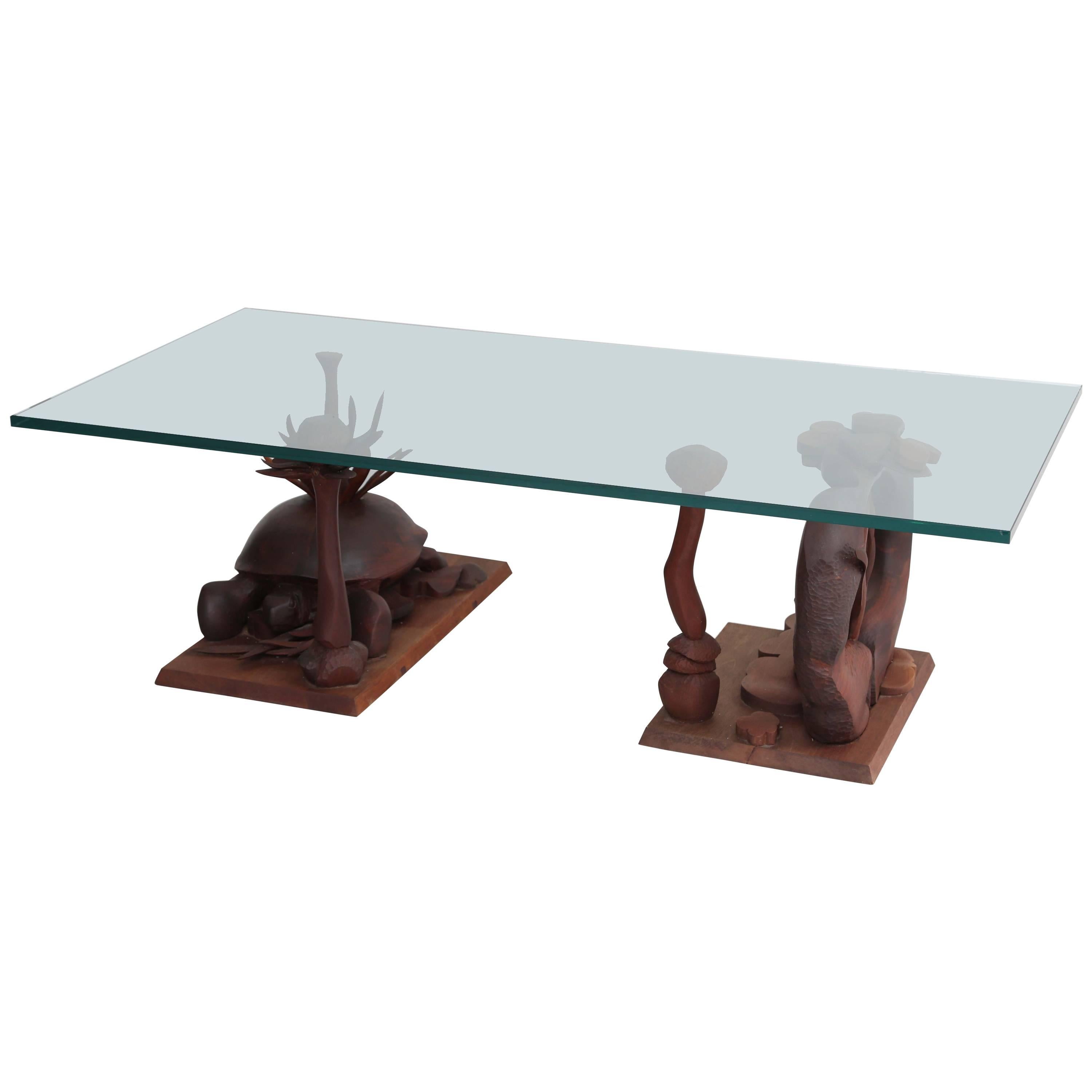 Hand-Carved Turtle Table with Glass Top For Sale