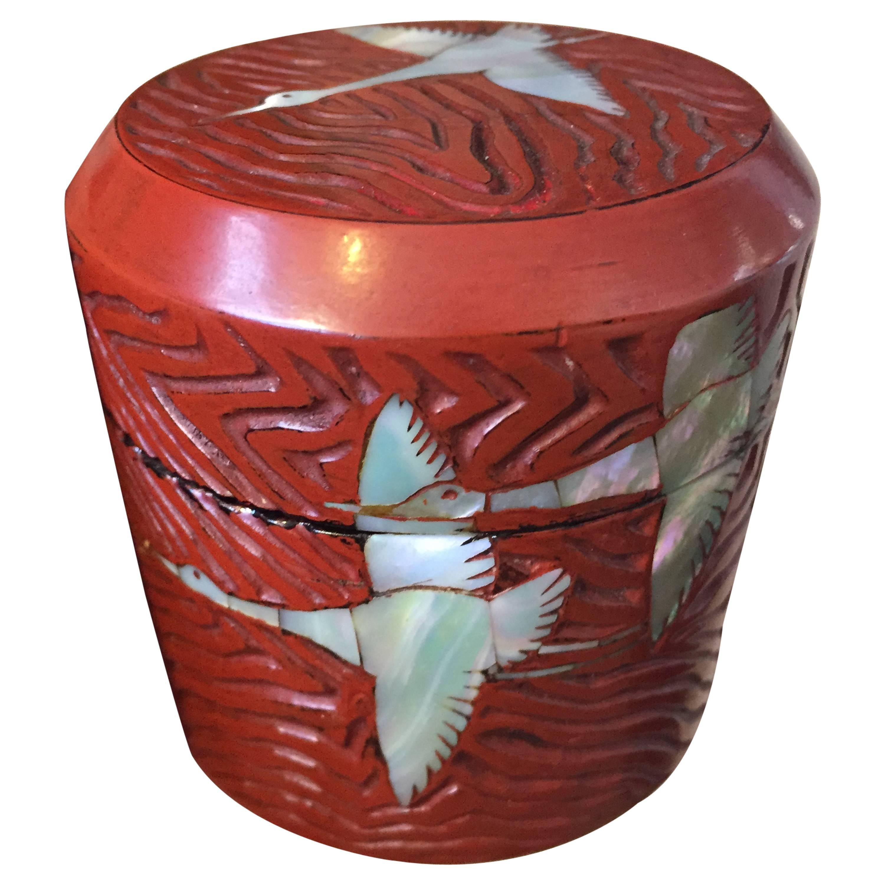 Japan Red Lacquered Tea Container Chaire "Flying Geese" with Mop Inlay