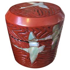 Vintage Japan Red Lacquered Tea Container Chaire "Flying Geese" with Mop Inlay