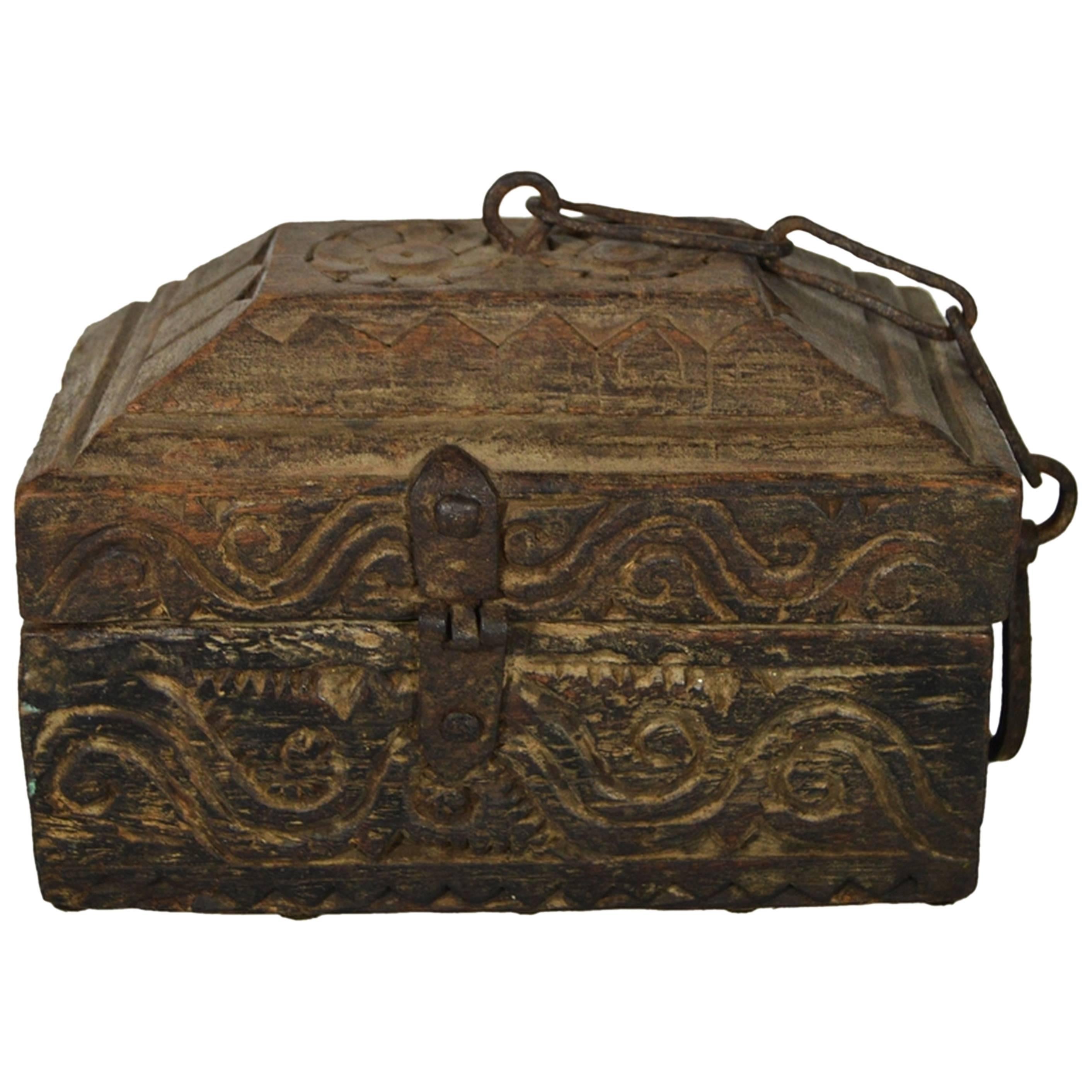 19th Century Hand-Carved Indian Carved Wood Money Box with Scrolls and Hardware