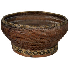 Antique Handwoven Cane and Bamboo Grain Basket from 19th Century, China