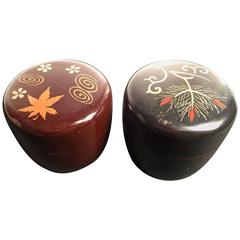 Japanese Tea Caddies Pair of Black & Red Lacquer with Pine and Maple Inlays 9