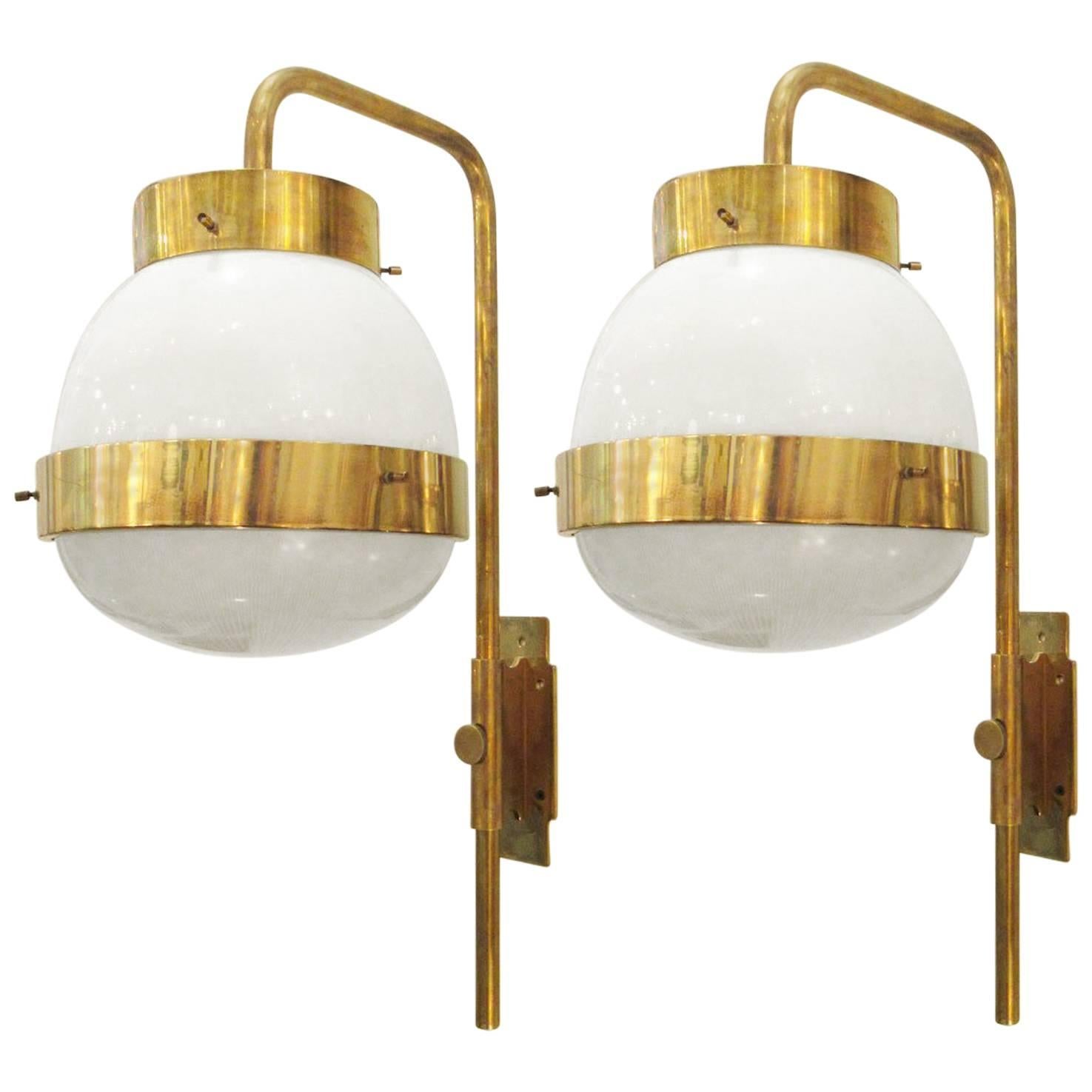 Pair of Sergio Mazza Italian Glass and Brass Delta Sconces by Artemide For Sale