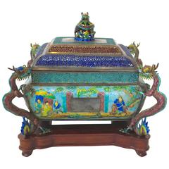 Square Finely Crafted Metal Incense Burner with Mythical Dragons