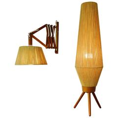 Teak and Jute Table/Floor Lamp and Accordion Wall Lamp