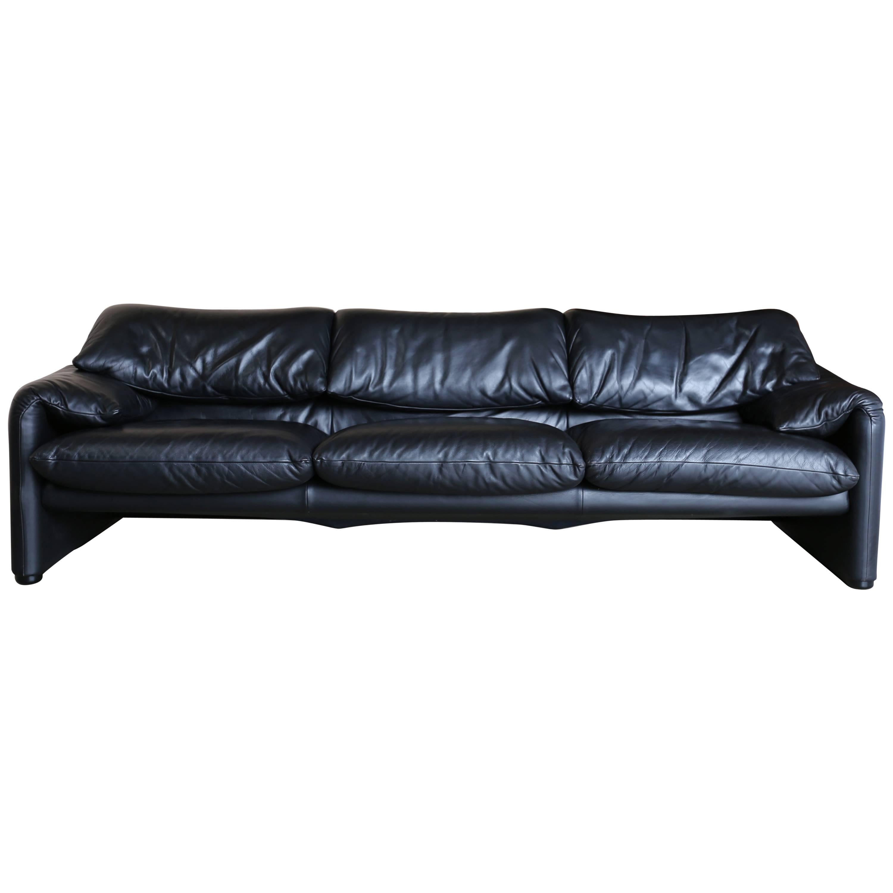 Black Leather "Maralunga" Sofa by Vico Magistretti for Cassina