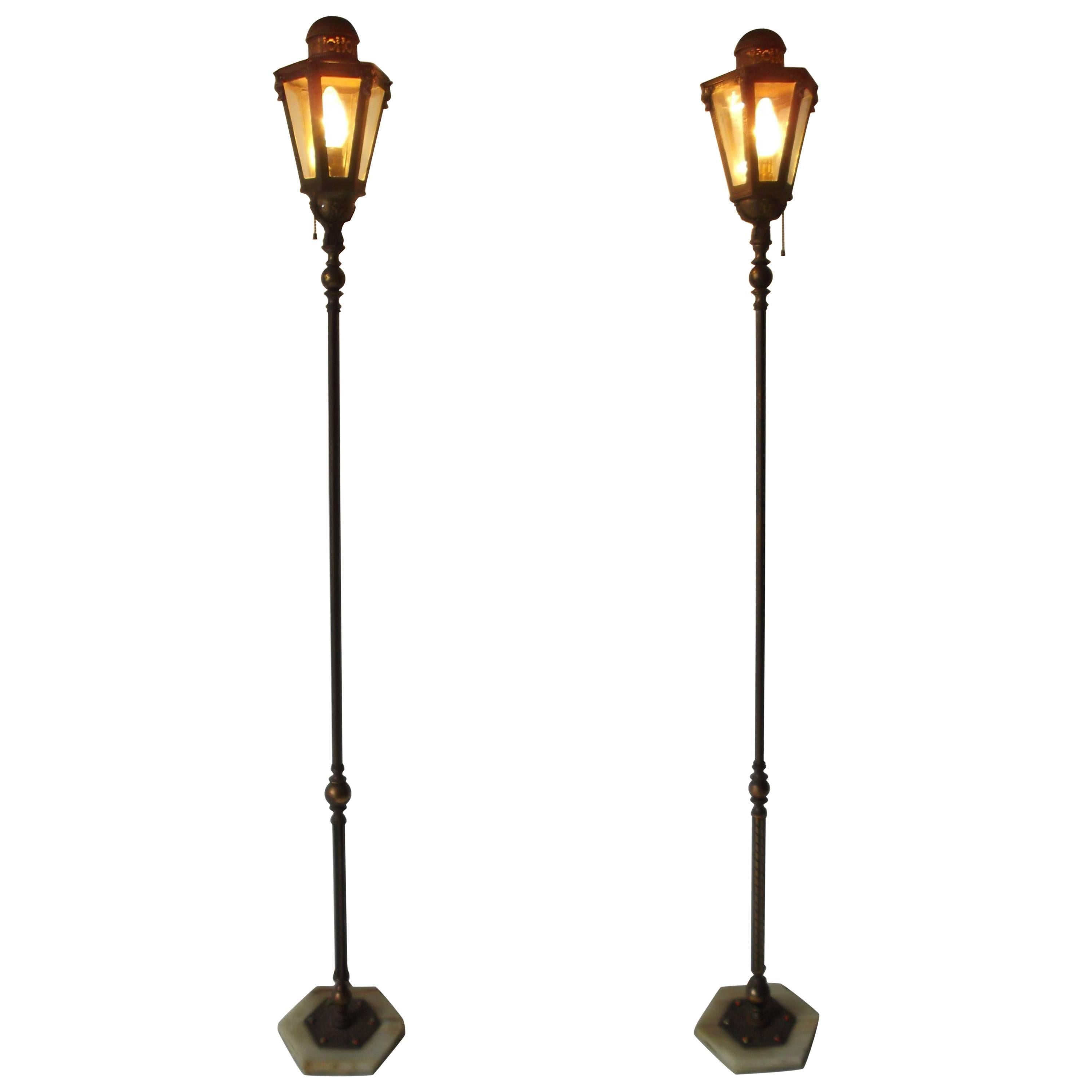 Pair of Antique Moorish Onyx and Jewel Base Lantern Floor Lamps For Sale