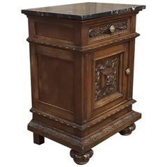 Antique Italian Renaissance Hand-Carved Walnut BLack Marble Top Nightstand