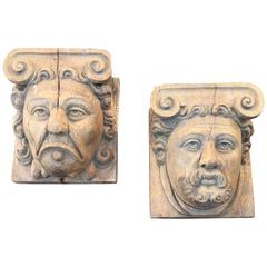 Figural Carved Oak Funny Face Wall Brackets Rare & Highly Decorative