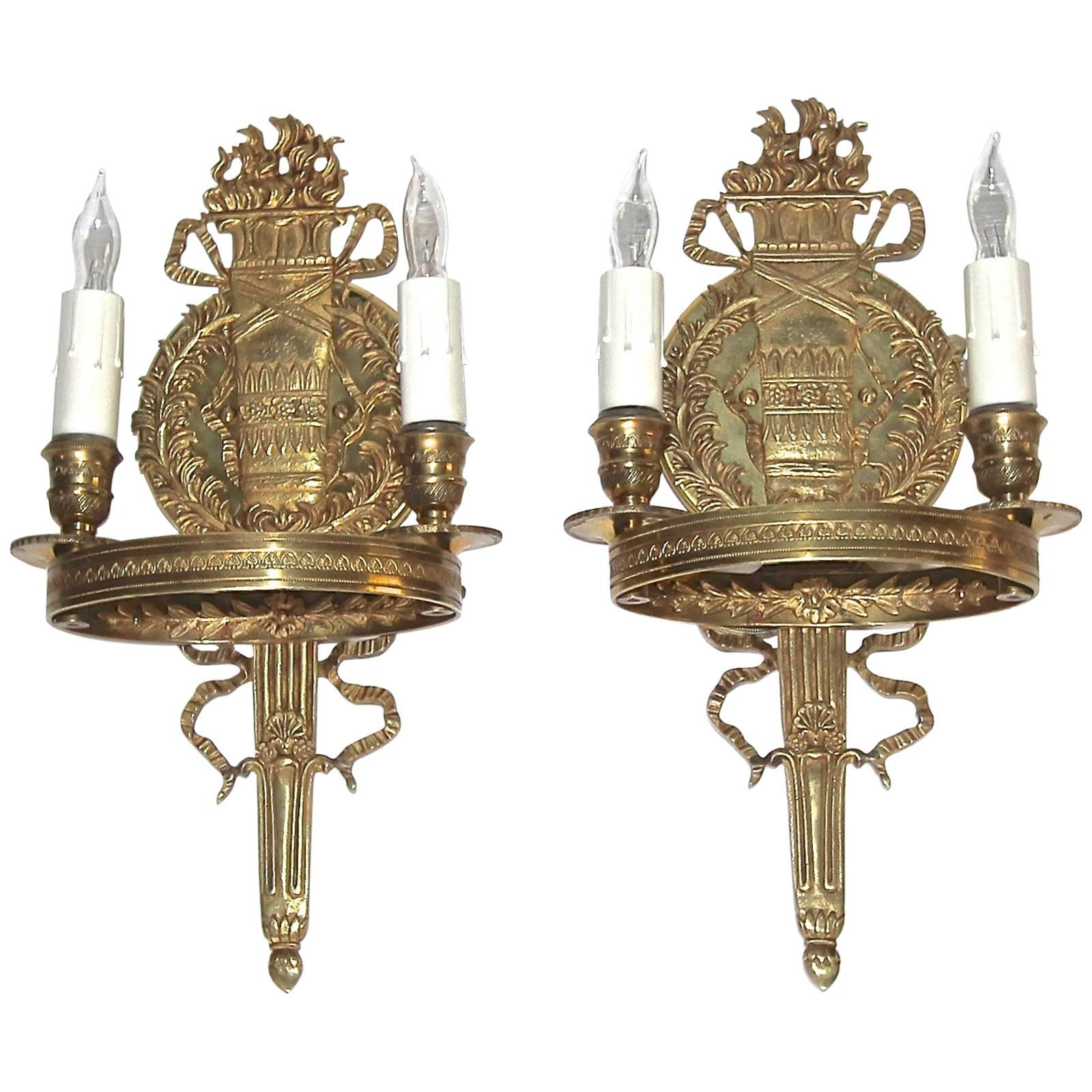 Pair of French Empire Style Brass Wall Sconces
