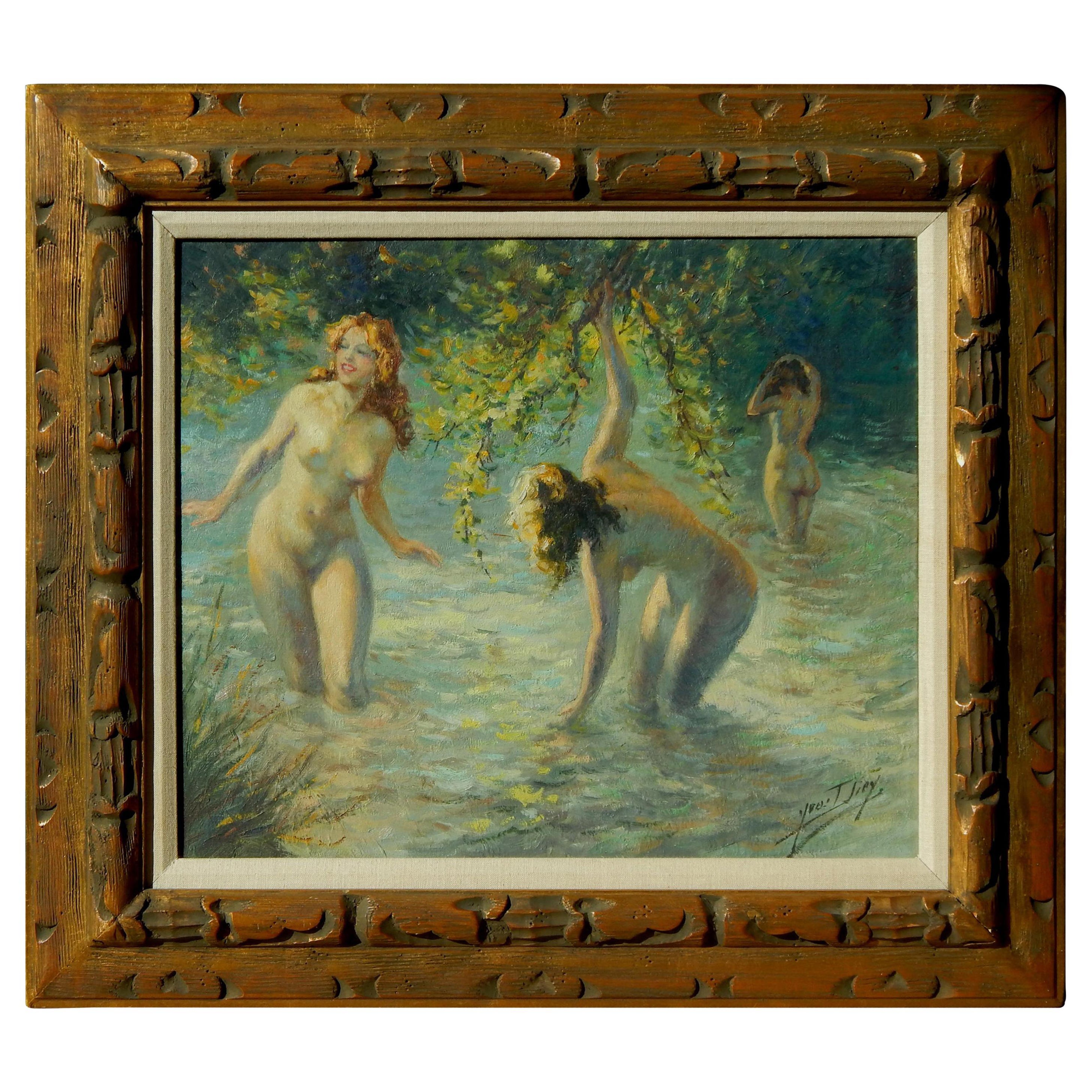 French Artist Yves Diey Oil on Canvas, Les Baigneuses For Sale