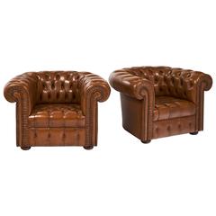 Pair of Vintage Cognac Leather Chesterfield Club Chairs