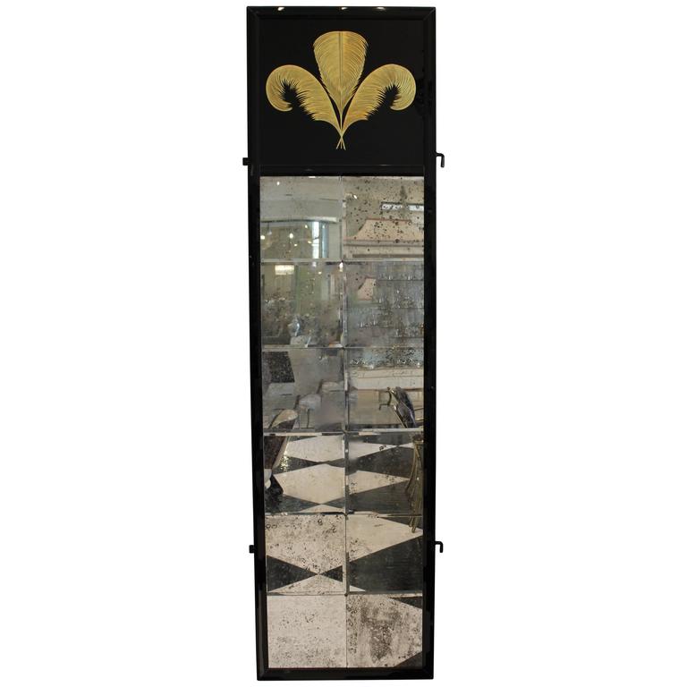 Tall Black Framed Wall Mirrors with Gold Plume Detail For Sale at 1stdibs
