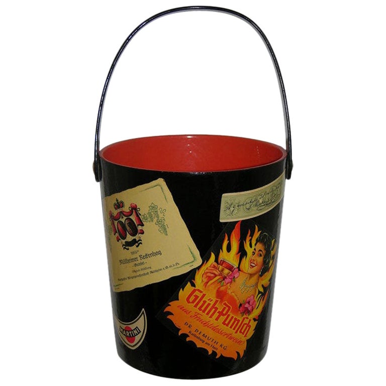 1950s German Black and Red Lacquered Barware Ice Bucket with Wine Labels Decor