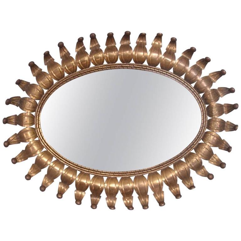 Hollywood Regency Oval Brass Mirror For Sale at 1stdibs