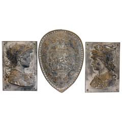 Pair of Parcel Gilt Bronze Portrait of Classical Gods and a Shield