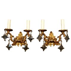 Elegant Small Pair of French, 1940, Bronze and Crystal Sconces