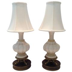 Mid-Century Pair of Italian Murano Glass White and Gold Boudoir Lamps