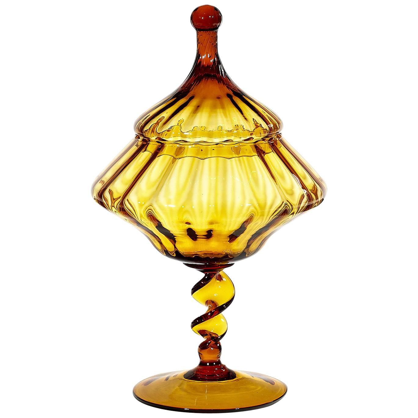 Empoli Italian Amber Art Glass Jar and Cover, 1960s