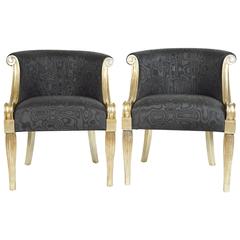 Pair Silver Giltwood Deco Style Club Chairs