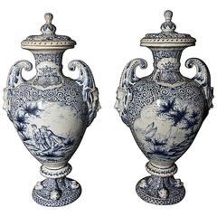 Pair of Large Delft Vases, in the Style of Adrianus Kocx, 19th Century