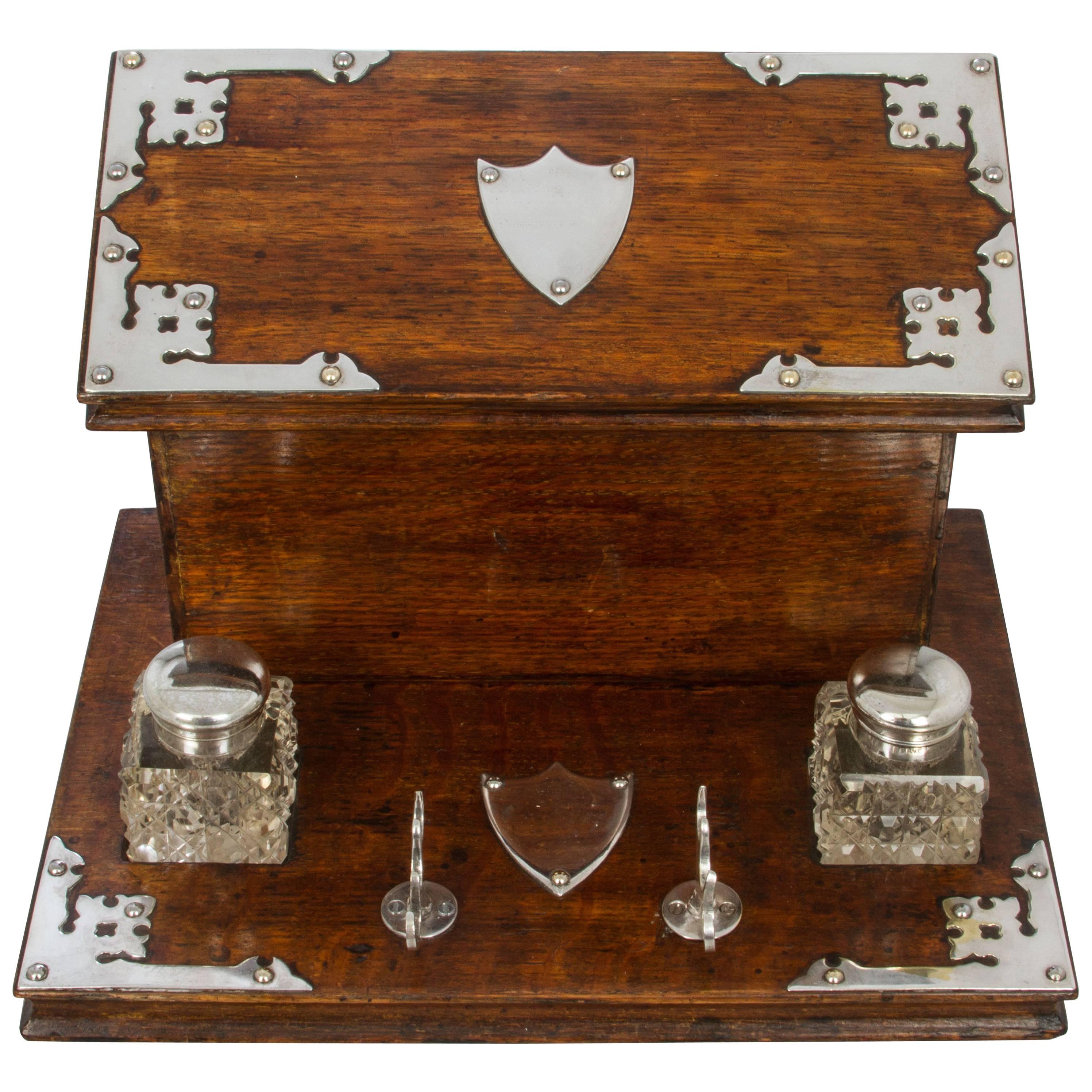 Victorian Wood and Silver Plate Writing Box with a Pair of Inkwells