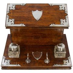 Antique Victorian Wood and Silver Plate Writing Box with a Pair of Inkwells