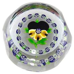Limited Edition Faceted Pansy Paperweight with Millefiori Garland, J Glass, 1980