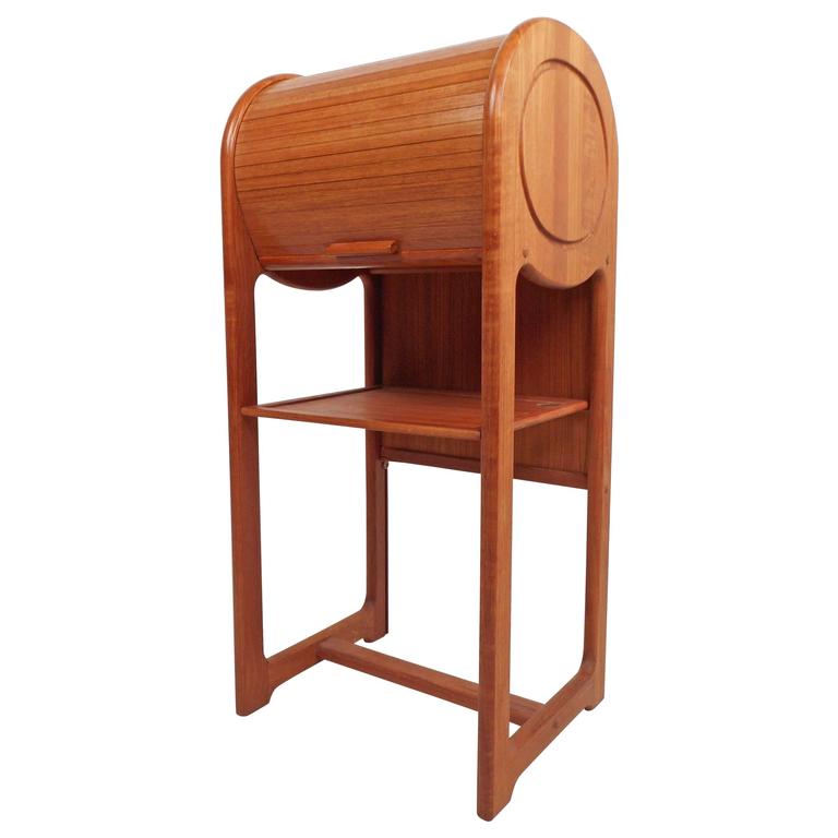 MidCentury Modern Small Teak Roll Top Storage Shelf For Sale at 1stdibs