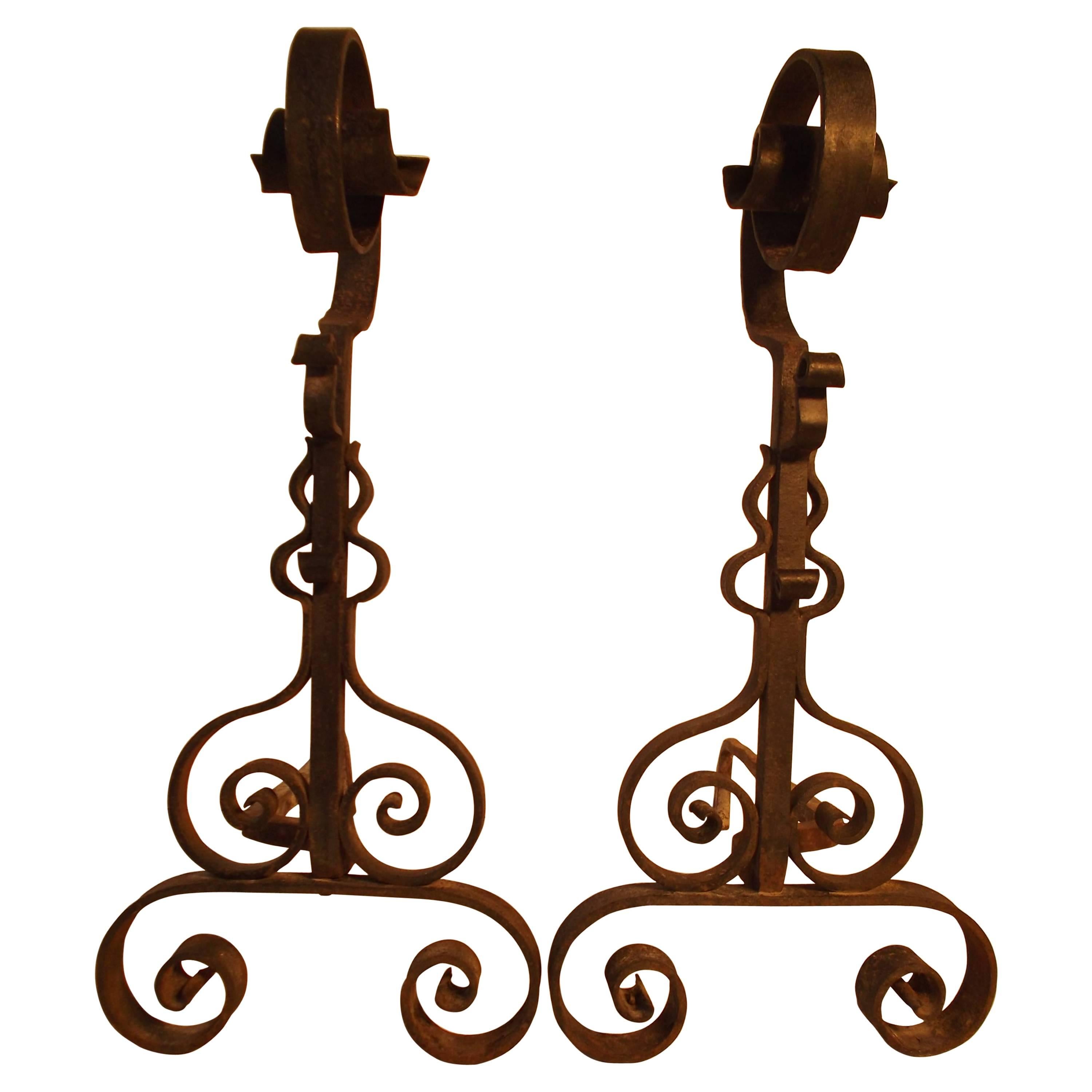 c1920's Hand-Forged Wrought Iron French Fireplace Andirons For Sale
