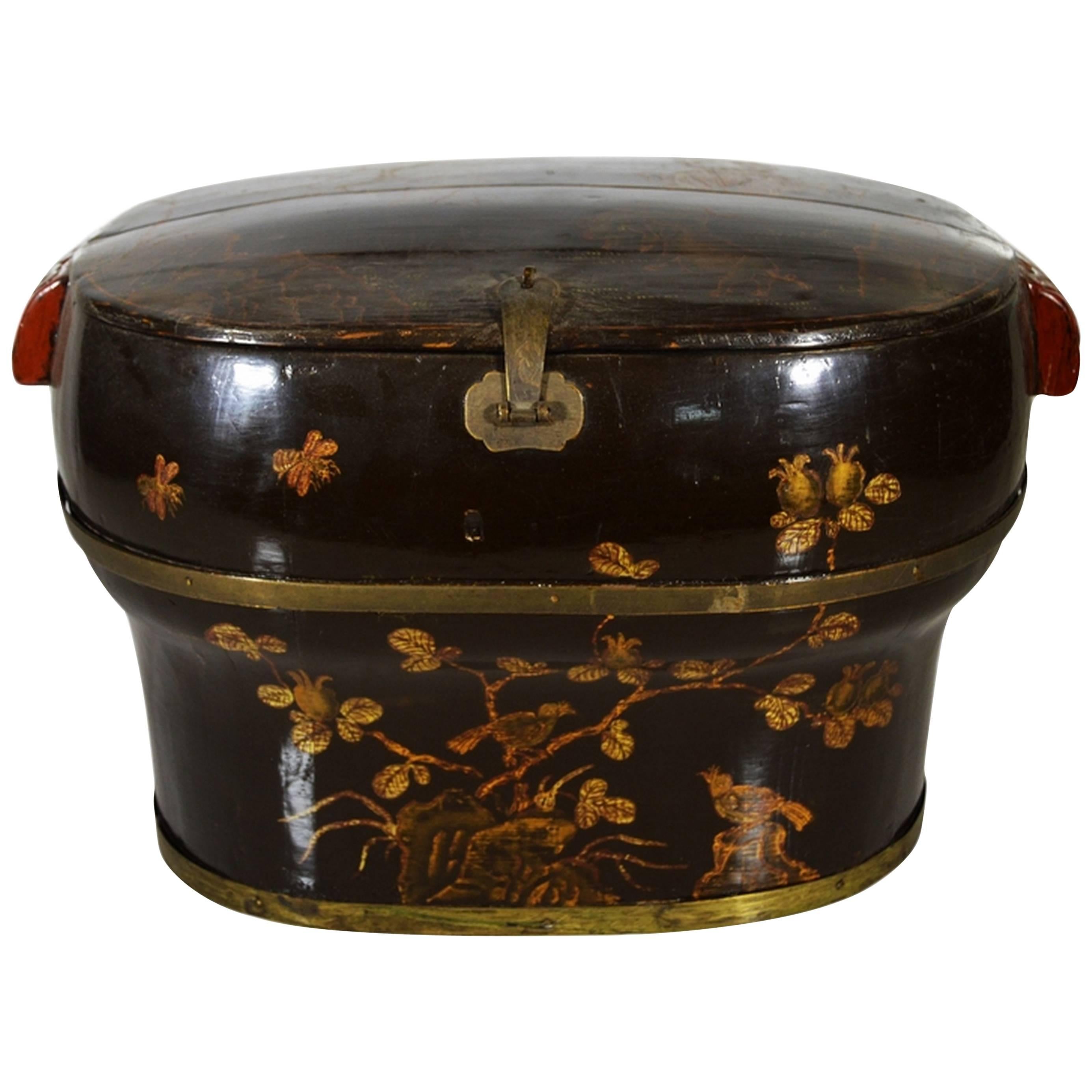 Hand-Painted and Lacquered Wedding Box with Flowers from, China, 19th Century