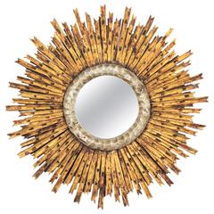 Large French 1930s Gold and Silver Leaf Carved Sunburst Mirror