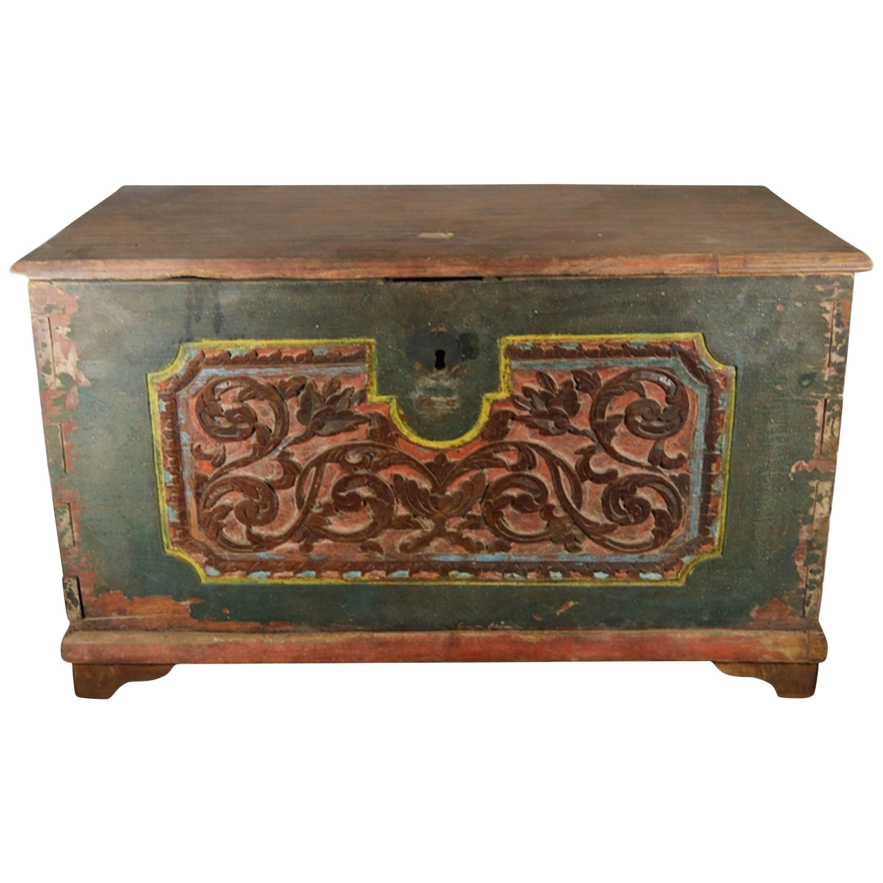 Antique Indonesian Hand-Carved and Painted Trunk with Foliage’s, 19th Century