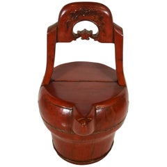 Antique Hand-Carved Red Lacquered Basket with Spout from 19th Century, China